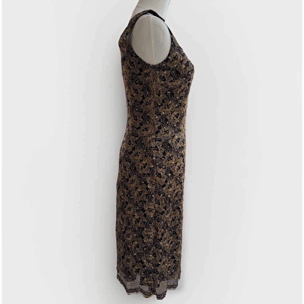 Mica Sleeveless Black Lace Cocktail Dress Sz 4 Sheath Gold Metallic Event Formal - Picture 9 of 16